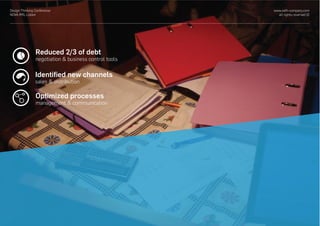 www.with-company.com
all rights reserved ©
Design Thinking Conference
NOVA IMS, Lisbon
Reduced 2/3 of debt
negotiation & business control tools
Optimized processes
management & communication
Identiﬁed new channels
sales & distribution
 