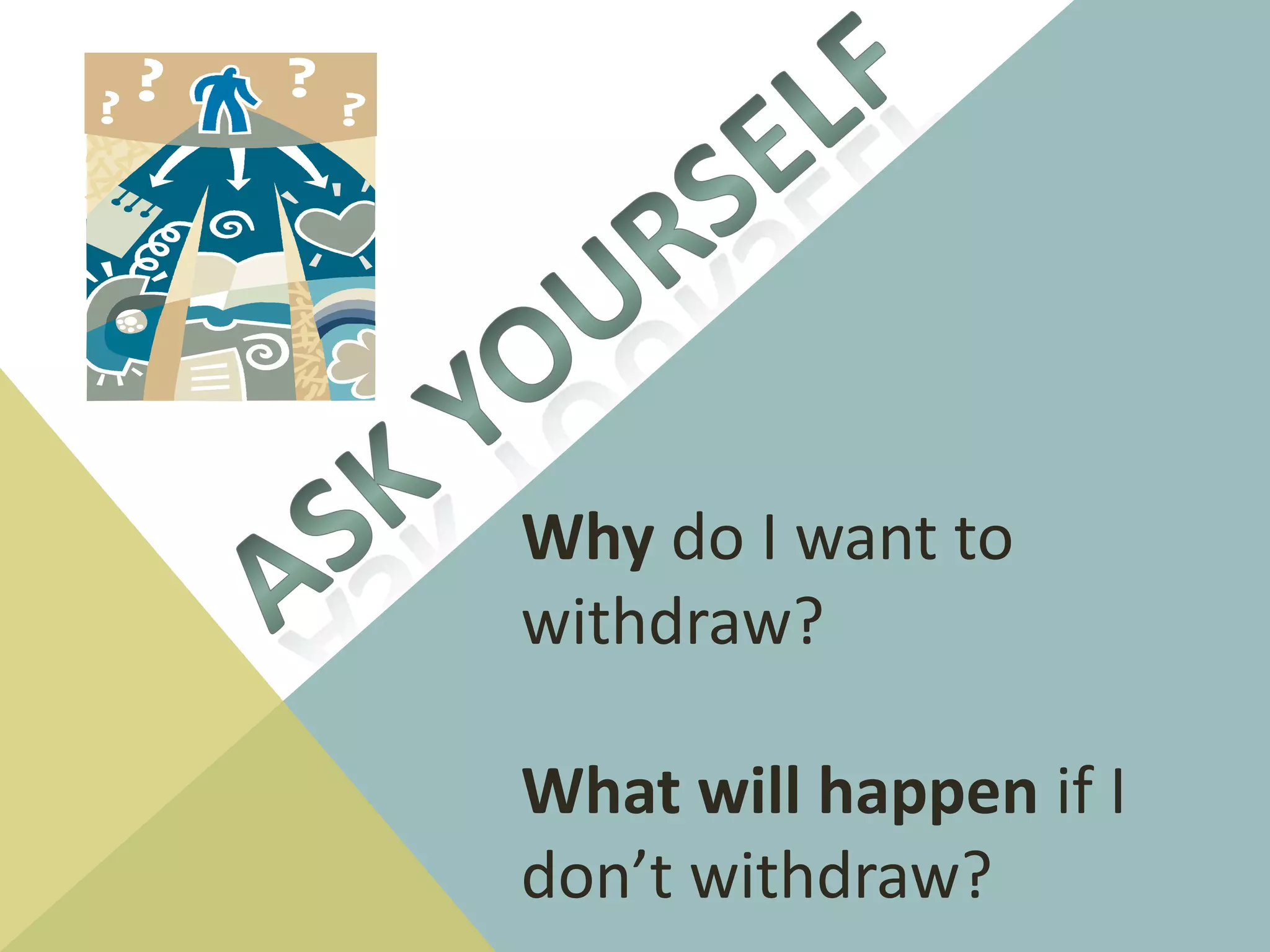 Can have a negative effect Satisfactory Academic Progress requirements to receive Financial AidWITHDRAWALPROS                                       CONSReview your situation and decide if withdrawal is the right choice for you.