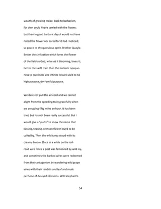 wealth of growing maize. Back to barbarism,
for then could I have tarried with the flower;
but then in good barbaric days I would not have
noted the flower nor cared for it had I noticed;
so peace to thy querulous spirit. Brother Quayle.
Better the civilization which loves the flower
of the field as God, who set it blooming, loves it;
better the swift train than the barbaric opaque-
ness to loveliness and infinite leisure used to no
high purpose, dr<^amful purpose.
We dare not pull the air cord and we cannot
alight from the speeding train gracefully when
we are going fifty miles an hour. It has been
tried but has not been really successful. But I
would give a "purty" to know the name that
tossing, teasing, crimson flower loved to be
called by. Then the wild tansy stood with its
creamy bloom. Once in a while on the rail-
road wire fence a post was festooned by wild ivy,
and sometimes the barbed wires were redeemed
from their antagonism by wandering wild grape
vines with their tendrils and leaf and musk
perfume of delayed blossoms. Wild elephant's
54
 