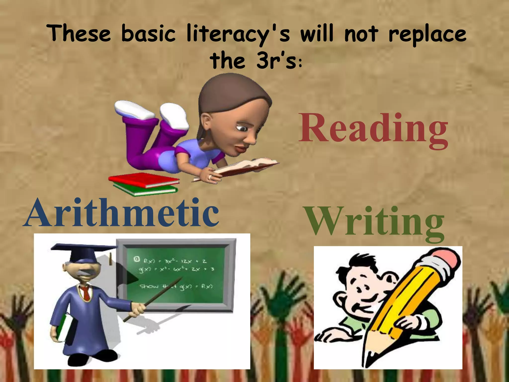 These basic literacy's will not replace
the 3r’s:
Reading
WritingArithmetic
 