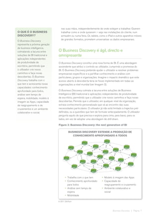 nas suas mãos, independentemente de onde estejam a trabalhar. Querem
O QUE É O BUSINESS                trabalhar como e onde quiserem – seja nas instalações do cliente, num
DISCOVERY?                        armazém ou numa feira. Os tablets, como o iPad e outros aparelhos móveis
                                  de grandes formatos, prometem universalizar os dados empresariais.
O Business Discovery
representa a próxima geração
de business intelligence,
colmatando a lacuna entre      O Business Discovery é ágil, directo e
soluções de BI tradicional e   omnipresente
aplicações independentes
de produtividade de            O Business Discovery constitui uma nova forma de BI. É uma abordagem
escritório, permitindo que     ascendente que atribui o controlo ao utilizador, cumprindo a promessa do
o utilizador crie novos        BI. O Business Discovery pretende ajudar o utilizador a resolver problemas
caminhos e faça novas          empresariais específicos e a partilhar conhecimento e análise com
descobertas. O Business        particulares, grupos e organizações. Imagine o impacto dramático que este
Discovery trabalha com o       acesso aberto à descoberta teria se fosse implementado em todas as
que tem e acrescenta novas     organizações a nível mundial (ver Imagem 3).
capacidades: conhecimento
aprofundado para todos,        O Business Discovery colmata a lacuna entre soluções de Business
análise sem tempo de           Intelligence (BI) tradicional e aplicações independentes de produtividade
espera, mobilidade, modelo à   de escritório, permitindo que o utilizador crie novos caminhos e faça novas
imagem as Apps, capacidade     descobertas. Permite que o utilizador, em qualquer nível da organização,
de reagrupamento e de          extraia conhecimento personalizado que vá ao encontro das suas
cruzamentos e um ambiente      necessidades particulares. O utilizador já não está limitado a trajectos pré-
colaborativo e social.         definidos, ou a questões que tem de formular antecipadamente. O utilizador
                               pergunta aquilo de que precisa e explora para cima, para baixo, para os
                               lados, em vez de adoptar uma abordagem de drill-down.

                               Figure 3: Business Discovery: the next generation of BI

                                          Business Discovery estende a produção de
                                             conhecimento aprofundado a todos




                                      •	 Trabalha com o que tem         •	 Modelo à imagem das Apps
                                      •	 Conhecimento aprofundado       •	 Capacidade de
                                         para todos                        reagrupamento e cruzamento
                                      •	 Análise sem tempo de           •	 Ambiente colaborativo e
                                         espera                            social
                                      •	 Mobilidade

                               © 2011 QlikTech




                                                                                  Business Discovery | Página 7
 