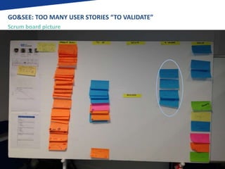 GO&SEE: TOO MANY USER STORIES “TO VALIDATE” 
Scrum board picture 
 