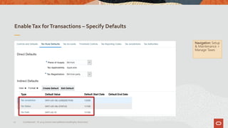EnableTax forTransactions – Specify Defaults
27 Confidential – © 2019 Oracle Internal/Restricted/Highly Restricted
Navigation: Setup
& Maintenance >
Manage Taxes
 
