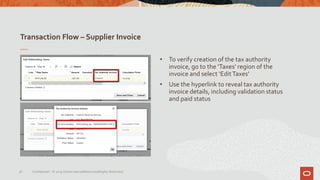 Transaction Flow – Supplier Invoice
36 Confidential – © 2019 Oracle Internal/Restricted/Highly Restricted
• To verify creation of the tax authority
invoice, go to the ‘Taxes’ region of the
invoice and select ‘EditTaxes’
• Use the hyperlink to reveal tax authority
invoice details, including validation status
and paid status
 