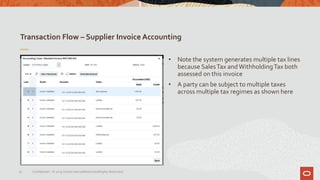 Transaction Flow – Supplier Invoice Accounting
37 Confidential – © 2019 Oracle Internal/Restricted/Highly Restricted
• Note the system generates multiple tax lines
because SalesTax andWithholdingTax both
assessed on this invoice
• A party can be subject to multiple taxes
across multiple tax regimes as shown here
 