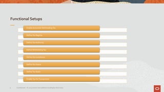 Functional Setups
9 Confidential – © 2019 Oracle Internal/Restricted/Highly Restricted
EnableAutomaticWithholdingTax
DefineTax Regime
DefineTax Authority
DefineWithholdingTax
DefineTax Jurisdiction
DefineTax Status
DefineTax Rates
EnableTax forTransactions
 