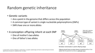 Random genetic inheritance
• Genetic variants
• Are a point in the genome that differs across the population
• A common type of variant is single nucleotide polymorphisms (SNPs)
• SNPs have one or more alleles
• A conception offspring inherit at each SNP
• One of mother’s two alleles
• One of father’s two alleles
G. Davey Smith, S. Ebrahim,“Mendelian randomization”:can genetic epidemiology contribute to understandingenvironmental
determinants of disease? Int J Epidemiol. 32, 1–22 (2003).
 