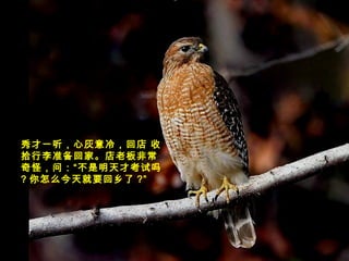 秀才一听，心灰意冷，回店 收
拾行李准备回家。店老板非常
奇怪，问：“不是明天才考试吗
? 你怎么今天就要回乡了 ?”
 