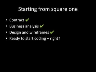 Starting from square oneContract ✔Business analysis ✔Design and wireframes ✔Ready to start coding – right?