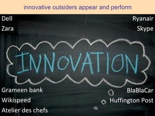 innovative outsiders appear and perform
Grameen bank
Wikispeed
Atelier des chefs
BlaBlaCar
Huffington Post
Dell
Zara
Ryanair
Skype
 
