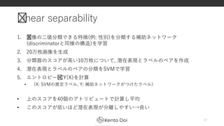 Linear separability
1. ﻿画像の二値分類できる特徴(例: 性別)を分類する補助ネットワーク
(discriminatorと同様の構造)を学習
2. 20万枚画像を生成
3. 分類器のスコアが高い10万枚について, 潜在表現とラベルのペアを作成
4. 潜在表現とラベルのペアの分類をSVMで学習
5. エントロピー﻿H(Y|X)を計算
• (X: SVMの推定ラベル, Y: 補助ネットワークがつけたラベル)
• 上のスコアを40個のアトリビュートで計算し平均
• このスコアが低いほど潜在表現が分離しやすい→良い
27
 