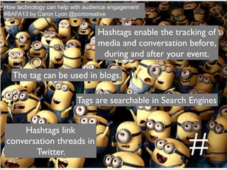 Hashtags enable the tracking of
media and conversation before,
during and after your event.
Hashtags link
conversation threads in
Twitter.
The tag can be used in blogs.
Tags are searchable in Search Engines
How technology can help with audience engagement
#BAFA13 by Caron Lyon @pcmcreative
#
 