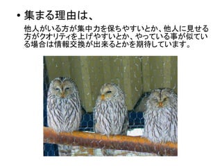 ● 集まる理由は、
他人がいる方が集中力を保ちやすいとか、他人に見せる
方がクオリティを上げやすいとか、やっている事が似てい
る場合は情報交換が出来るとかを期待しています。
 