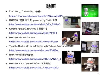 RAPIROのドキュメント
● 公式サイトの各種ダウンロード／ドキュメント
http://www.rapiro.com/ja/downloads/
● サーボモータ制御基板用標準ファームウエア（Arduinoのスケッチ）
https://git...