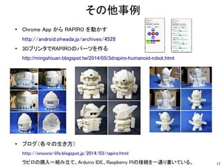 RAPIROの情報サイト
● Rapiro Wiki　いろいろな情報が載っています
http://wiki.rapiro.com/page/index/
Getting Started
Reference
Known Issues
Power ...