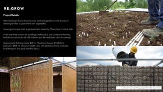 (L) Thatch flooring || (TR) Aggregate Fill || (BR) Green Roof
R E : G R O W
Project Details.
After testing we found that we could built roof gardens on the structures
allowing families to grow there own vegetables .
Housing prototype built, engineered and tested by Pilosio Spa in Udine, Italy.
There are three options for buildings; Re:House (1 and 2 bedroom homes),
Re:Educate (school for 60-100 children) and Re:Heal (basic clinic for camps).
Approximate Building Costs; $5K for 1 bedroom house, $7,500 for 2
bedroom, $40K for school or health clinic with sanitation block. (includes
local transport and paid unskilled labor.)
 