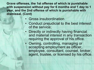 Gross insubordination Conduct prejudicial to the best interest of the service; Directly or indirectly having financial and material interest in any transaction requiring the approval of his office. Owning, controlling, managing or accepting employment as officer, employee, consultant, counsel, broker, agent, trustee, or licensed by his office. Grave offenses, the 1st offense of which is punishable with suspension without pay for 6 months and 1 day to 1 year, and the 2nd offense of which is punishable with dismissal. (Cont) 