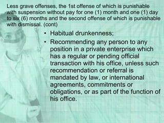 Habitual drunkenness; Recommending any person to any position in a private enterprise which has a regular or pending official transaction with his office, unless such recommendation or referral is mandated by law, or international agreements, commitments or obligations, or as part of the function of his office. Less grave offenses, the 1st offense of which is punishable  with suspension without pay for one (1) month and one (1) day to six (6) months and the second offense of which is punishable with dismissal. (cont) 