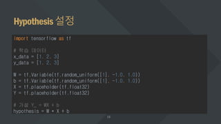 Hypothesis설정
import tensorflow as tf
# 학습 데이터
x_data = [1, 2, 3]
y_data = [1, 2, 3]
W = tf.Variable(tf.random_uniform([1], -1.0, 1.0))
b = tf.Variable(tf.random_uniform([1], -1.0, 1.0))
X = tf.placeholder(tf.float32)
Y = tf.placeholder(tf.float32)
# 가설 Y_ = WX + b
hypothesis = W * X + b
 