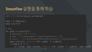 TensorFlow실행을통해학습
init = tf.initialize_all_variables()
sess = tf.Session()
sess.run(init)
# 학습
for step in range(2001):
# hypothesis = W * X + b
# cost = tf.reduce_mean(tf.square(hypothesis - Y))
# train = tf.train.GradientDescentOptimizer(0.1).minimize(cost)
sess.run(train, feed_dict={X: x_data, Y: y_data})
if step % 20 == 0:
print(step, sess.run(cost, feed_dict={X: x_data, Y: y_data}), sess.run(W),
 