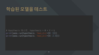 학습된모델을테스트
# Hypothesis 테스트, hypothesis = W * X + b
print(sess.run(hypothesis, feed_dict={X: 5}))
print(sess.run(hypothesis, feed_dict={X: 2.5}))
 