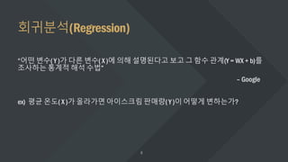 회귀분석(Regression)
“어떤 변수( Y )가 다른 변수( X )에 의해 설명된다고 보고 그 함수 관계(Y = WX + b)를
조사하는 통계적 해석 수법”
– Google
ex) 평균 온도( X )가 올라가면 아이스크림 판매량( Y )이 어떻게 변하는가?
 