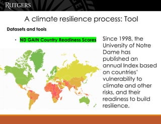 Datasets and tools
• ND GAIN Country Readiness Scores Since 1998, the
University of Notre
Dame has
published an
annual Index based
on countries’
vulnerability to
climate and other
risks, and their
readiness to build
resilience.
A climate resilience process: Tool
 