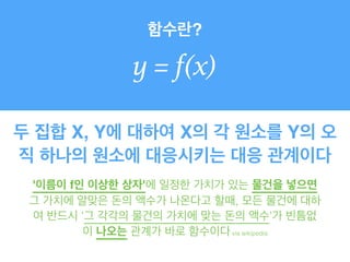 함수란?
y = f(x)
두 집합 X, Y에 대하여 X의 각 원소를 Y의 오
직 하나의 원소에 대응시키는 대응 관계이다
'이름이 f인 이상한 상자'에 일정한 가치가 있는 물건을 넣으면
그 가치에 알맞은 돈의 액수가 나온다고 할때, 모든 물건에 대하
여 반드시 '그 각각의 물건의 가치에 맞는 돈의 액수'가 빈틈없
이 나오는 관계가 바로 함수이다via wikipedia
 