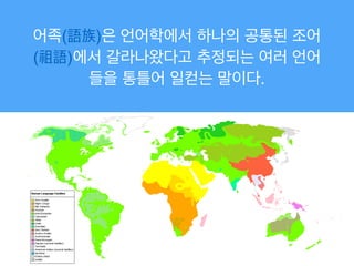 어족(語族)은 언어학에서 하나의 공통된 조어
(祖語)에서 갈라나왔다고 추정되는 여러 언어
들을 통틀어 일컫는 말이다.
 