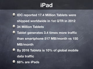iPad
IDC reported 17.4 Million Tablets were
shipped worldwide in 1st QTR in 2012
34 Million Tablets
Tablet generates 3.4 times more trafﬁc
than smartphone 517 MB/month vs 150
MB/month
By 2016 Tablets is 10% of global mobile
data trafﬁc
68% are iPads
 