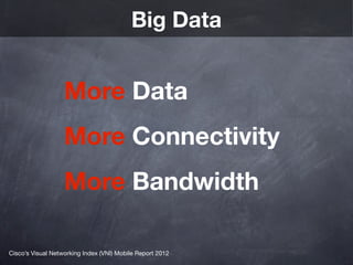 Big Data


                   More Data
                   More Connectivity
                   More Bandwidth

Cisco’s Visual Networking Index (VNI) Mobile Report 2012
 