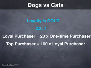 Dogs vs Cats

                      Loyalty is GOLD
                          20 : 1
Loyal Purchaser = 20 x One-time Purchaser
    Top Purchaser = 100 x Loyal Purchaser



Gamesbrief.com 2011
 