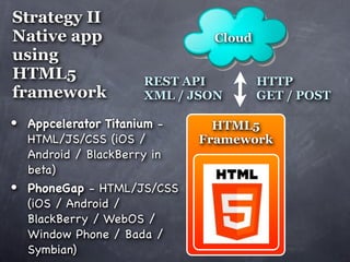 Strategy II
Native app                     Cloud
using
HTML5                REST API          HTTP
framework            XML / JSON        GET / POST

• Appcelerator Titanium -       HTML5
    HTML/JS/CSS (iOS /        Framework
    Android / BlackBerry in
    beta)
•   PhoneGap - HTML/JS/CSS
    (iOS / Android /
    BlackBerry / WebOS /
    Window Phone / Bada /
    Symbian)
 