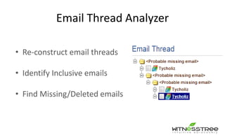• Re-construct email threads
• Identify Inclusive emails
• Find Missing/Deleted emails
Email Thread Analyzer
 