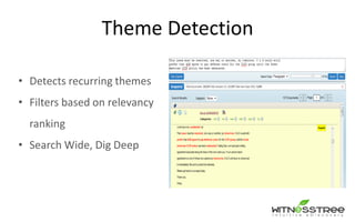 Theme Detection
• Detects recurring themes
• Filters based on relevancy
ranking
• Search Wide, Dig Deep
 