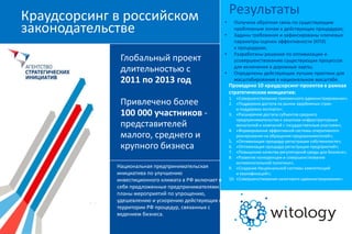 Краудсорсинг в российском
законодательстве
Глобальный проект
длительностью с
2011 по 2013 год

Привлечено более
100 000 участников представителей
малого, среднего и
крупного бизнеса
Национальная предпринимательская
инициатива по улучшению
инвестиционного климата в РФ включает в
себя предложенные предпринимателями
планы мероприятий по упрощению,
удешевлению и ускорению действующих на
территории РФ процедур, связанных с
ведением бизнеса.
14

Результаты
•
•
•
•

Получена обратная связь по существующим
проблемным зонам в действующих процедурах;
Заданы требования и зафиксированы ключевые
параметры оценки эффективности (КПЭ)
к процедурам;
Разработаны решения по оптимизации и
усовершенствованию существующих процессов
для включения в дорожные карты;
Определены действующие лучшие практики для
масштабирования в национальном масштабе.

Проведено 10 краудсорсинг-проектов в рамках
стратегических инициатив:
1. «Совершенствование таможенного администрирования»;
2. «Поддержка доступа на рынки зарубежных стран
и поддержка экспорта»;
3. «Расширение доступа субъектов среднего
предпринимательства к закупкам инфраструктурных
монополий и компаний с государственным участием»;
4. «Формирование эффективной системы оперативного
реагирования на обращения предпринимателей»;
5. «Оптимизация процедур регистрации собственности»;
6. «Оптимизация процедур регистрации предприятий»;
7. «Повышение качества регуляторной среды для бизнеса»;
8. «Развитие конкуренции и совершенствование
антимонопольной политики»;
9. «Создание Национальной системы компетенций
и квалификаций»;
10. «Совершенствование налогового администрирования».

 