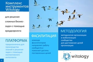 Комплекс
инструментов
Witology
для решения
сложных бизнесзадач c помощью

МЕТОДОЛОГИЯ

краудсорсинга

ФАСИЛИТАЦИЯ
ПЛАТФОРМА
предназначена для
производства
знаний и решения
задач с помощью
коллективного
интеллекта
7

команда
фасилитаторов
направляет работу
сообществ и
помогают достичь
поставленных целей

методология организации
и мобилизации
сообщества
для достижения целей
организации

 