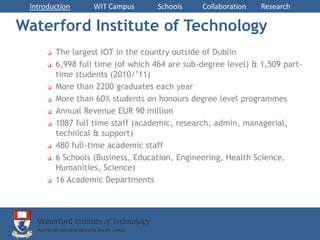 Introduction       WIT Campus      Schools     Collaboration   Research

Waterford Institute of Technology
         The largest IOT in the country outside of Dublin
         6,998 full time (of which 464 are sub-degree level) & 1,509 part-
          time students (2010/’11)
         More than 2200 graduates each year
         More than 60% students on honours degree level programmes
         Annual Revenue EUR 90 million
         1087 full time staff (academic, research, admin, managerial,
          technical & support)
         480 full-time academic staff
         6 Schools (Business, Education, Engineering, Health Science,
          Humanities, Science)
         16 Academic Departments
 
