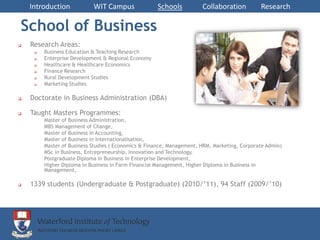Introduction            WIT Campus               Schools           Collaboration          Research

School of Business
   Research Areas:
        Business Education & Teaching Research
        Enterprise Development & Regional Economy
        Healthcare & Healthcare Economics
        Finance Research
        Rural Development Studies
        Marketing Studies

   Doctorate in Business Administration (DBA)

   Taught Masters Programmes:
         Master of Business Administration,
         MBS Management of Change,
         Master of Business in Accounting,
         Master of Business in Internationalisation,
         Master of Business Studies ( Economics & Finance, Management, HRM, Marketing, Corporate Admin)
         MSc in Business, Entrepreneurship, Innovation and Technology,
         Postgraduate Diploma in Business in Enterprise Development,
         Higher Diploma in Business in Farm Financial Management, Higher Diploma in Business in
         Management,

   1339 students (Undergraduate & Postgraduate) (2010/’11), 94 Staff (2009/’10)
 