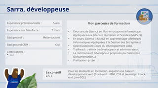Expérience professionnelle : 5 ans
Expérience sur Salesforce : 7 mois
Background : Métier (autre)
Background CRM : Oui
Certifications :
• Non
Mon parcours de formation
• Deux ans de Licence en Mathématique et Informatique
Appliquées aux Sciences Humaines et Sociales (MIASHS).
• En cours: Licence 3 MIAGE en apprentissage (Méthodes
Informatiques Appliquées à la Gestion des Entreprises).
• OpenClassroom (cours du développement web).
• Trailhead : trailmix de développeur et administrateur.
• La communauté développeur proposée par Salesforce
(Documentation…)
• Pratique en projet
Sarra, développeuse
Le conseil
en +
Pour les étudiants en formation, acquérir une base en
développement web (front-end: HTML,CSS et Javascript / back-
end: Java-SQL)
 