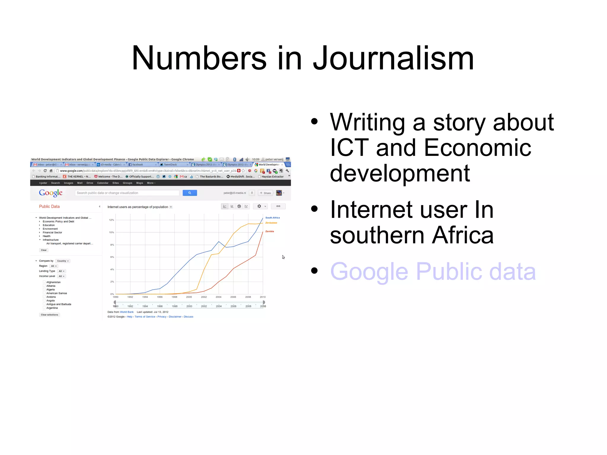 Numbers in Journalism
             Writing a story about
              ICT and Economic
              development
             Internet user In
              southern Africa
             Google Public data
 