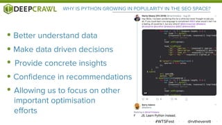 AUTOMATING WITH PYTHON
@rvtheverett#WTSFest
Automating with
Python
Parameter
Finder
404
Checker
Internal Linking
Analysis
...