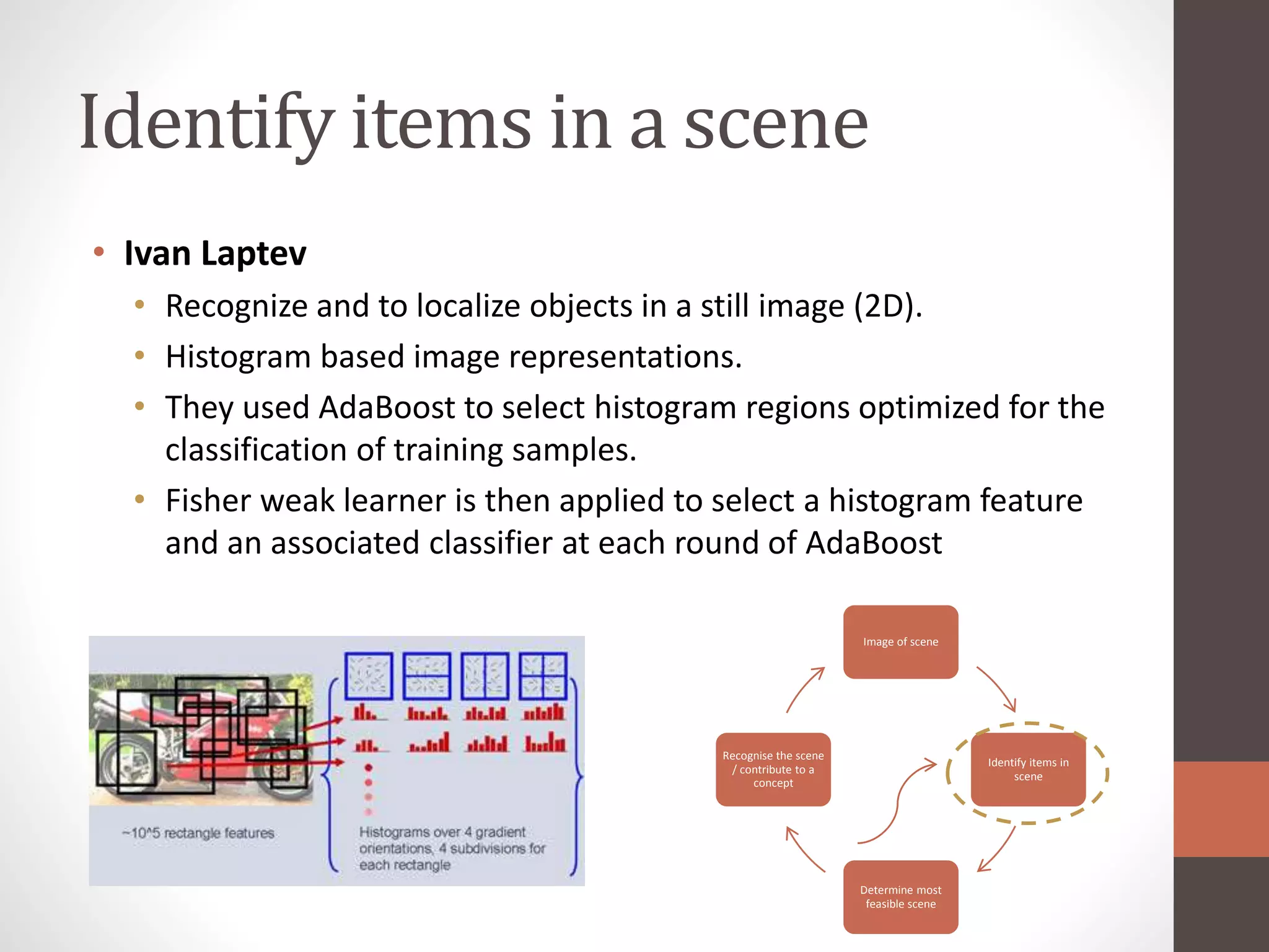Identify items in a scene
Image of scene
Identify items in
scene
Determine most
feasible scene
Recognise the scene
/ contribute to a
concept
• Ivan Laptev
• Recognize and to localize objects in a still image (2D).
• Histogram based image representations.
• They used AdaBoost to select histogram regions optimized for the
classification of training samples.
• Fisher weak learner is then applied to select a histogram feature
and an associated classifier at each round of AdaBoost
 