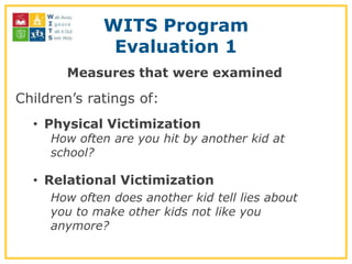 WITS Program
              Evaluation 1
       Measures that were examined

Children’s ratings of:
  • Physical Victimization
     How often are you hit by another kid at
     school?

  • Relational Victimization
     How often does another kid tell lies about
     you to make other kids not like you
     anymore?
 