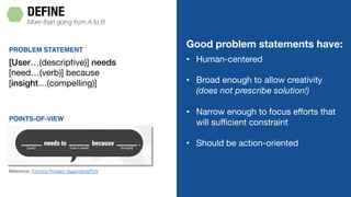 DEFINE
Good problem statements have:
• Human-centered
• Broad enough to allow creativity
(does not prescribe solution!)
• Narrow enough to focus efforts that
will sufficient constraint
• Should be action-oriented
More than going from A to B
PROBLEM STATEMENT
Reference: Forming Problem Statements/POV
[User…(descriptive)] needs
[need…(verb)] because
[insight…(compelling)]
POINTS-OF-VIEW
 