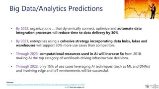 © 2019 Think Data Insights, LLC© 2019 Think Data Insights, LLC 16
Big Data/Analytics Predictions
• By 2022, organizations … that dynamically connect, optimize and automate data
integration processes will reduce time to data delivery by 30%.
• By 2021, enterprises using a cohesive strategy incorporating data hubs, lakes and
warehouses will support 30% more use cases than competitors.
• Through 2023, computational resources used in AI will increase 5x from 2018,
making AI the top category of workloads driving infrastructure decisions.
• Through 2022, only 15% of use cases leveraging AI techniques (such as ML and DNNs)
and involving edge and IoT environments will be successful.
Sources:
https://blogs.gartner.com/andrew_white/2019/01/03/our-top-data-and-analytics-predicts-for-2019/
 