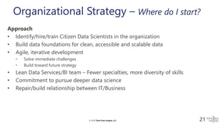© 2019 Think Data Insights, LLC© 2019 Think Data Insights, LLC 21
Organizational Strategy – Where do I start?
Approach
• Identify/hire/train Citizen Data Scientists in the organization
• Build data foundations for clean, accessible and scalable data
• Agile, iterative development
• Solve immediate challenges
• Build toward future strategy
• Lean Data Services/BI team – Fewer specialties, more diversity of skills
• Commitment to pursue deeper data science
• Repair/build relationship between IT/Business
 