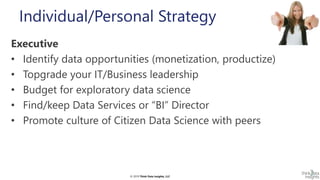 © 2019 Think Data Insights, LLC© 2019 Think Data Insights, LLC
Individual/Personal Strategy
Executive
• Identify data opportunities (monetization, productize)
• Topgrade your IT/Business leadership
• Budget for exploratory data science
• Find/keep Data Services or “BI” Director
• Promote culture of Citizen Data Science with peers
 