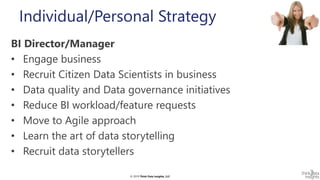 © 2019 Think Data Insights, LLC© 2019 Think Data Insights, LLC
Individual/Personal Strategy
BI Director/Manager
• Engage business
• Recruit Citizen Data Scientists in business
• Data quality and Data governance initiatives
• Reduce BI workload/feature requests
• Move to Agile approach
• Learn the art of data storytelling
• Recruit data storytellers
 
