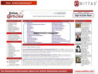  Article Submission ProcessSelection of Web DirectorySearch for Website URLCreation of Valid Email AccountMultiple Links from the Same Article.Create a login account and active a login account Direct Traffic to your Website.Create a Penname Selection of Proper CategoryFilling of Article Submit FormAdding in List of Directory SubmissionChecking of Article Listing Approvalwww.ewittas.com For Interactive Information about our Article Submission services
